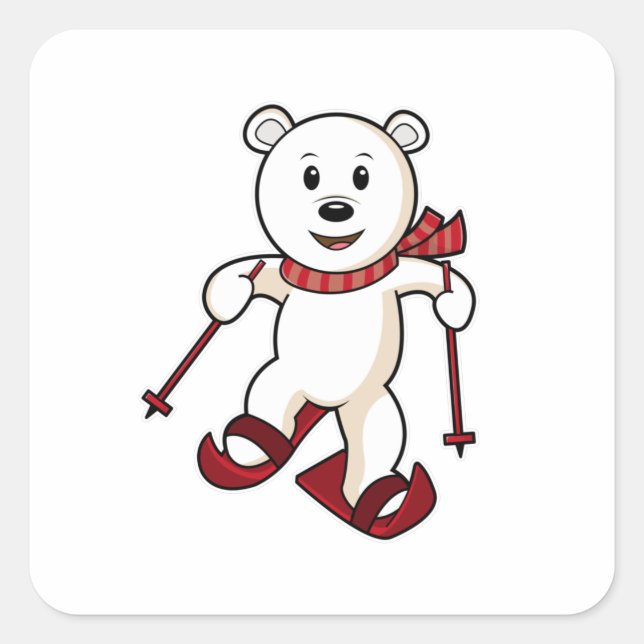 Bear as Skier with Skis & Ski poles Square Sticker (Front)