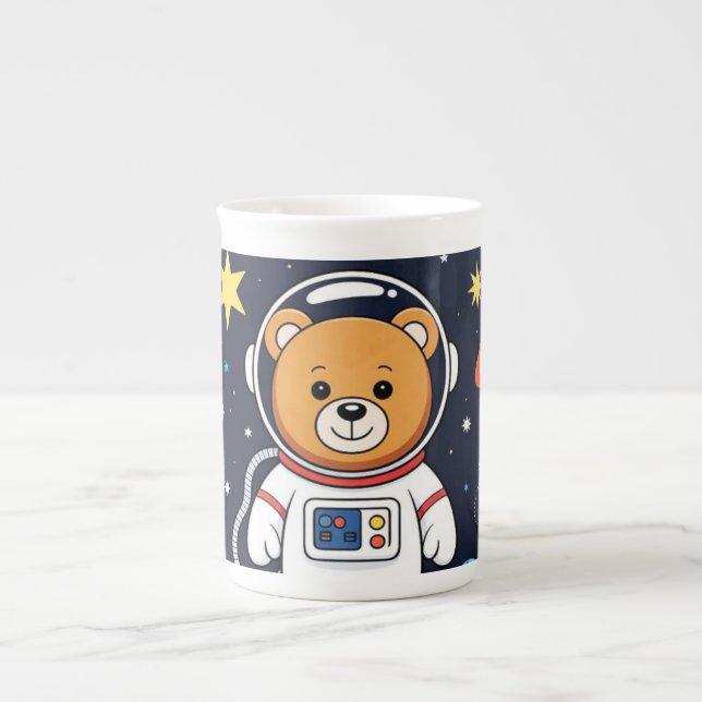Bear Astronaut Cartoon with Space Rocket Bone China Mug (Front)