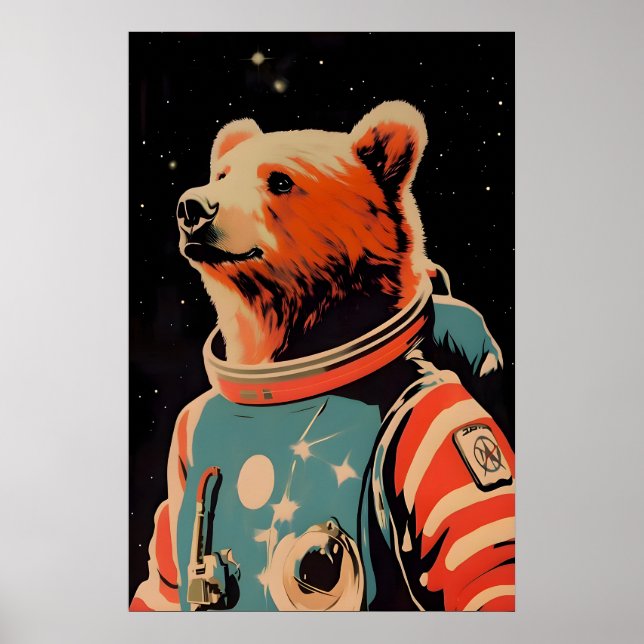 Bear Astronaut Poster, Bear Retro Print, Brown Poster (Front)