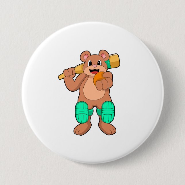Bear at Cricket with Cricket bat 3 Inch Round Button (Front)