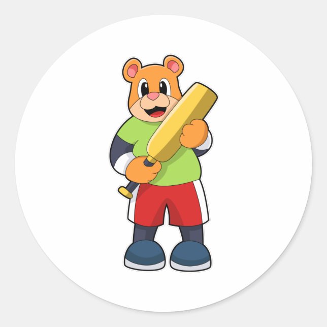Bear at Cricket with Cricket bat Classic Round Sticker (Front)