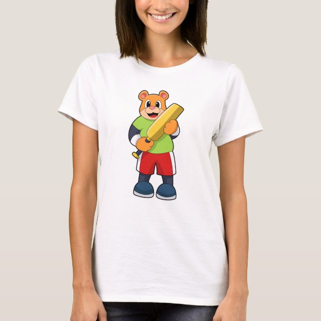 Bear at Cricket with Cricket bat T-Shirt (Front)