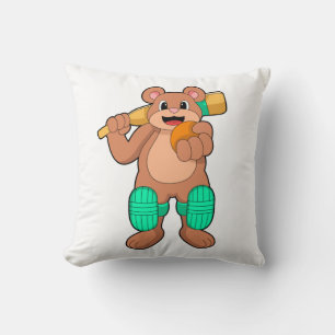 Bear at Cricket with Cricket bat Throw Pillow