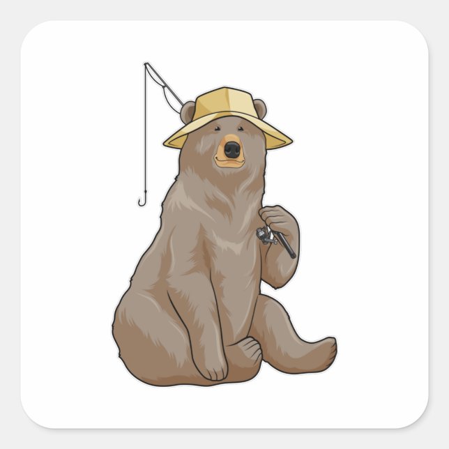 Bear at Fishing with Fishing rod Square Sticker (Front)