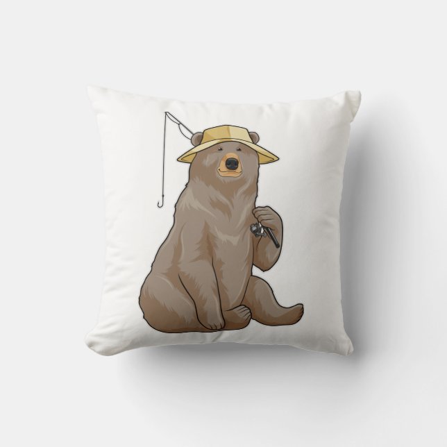 Bear at Fishing with Fishing rod Throw Pillow (Front)