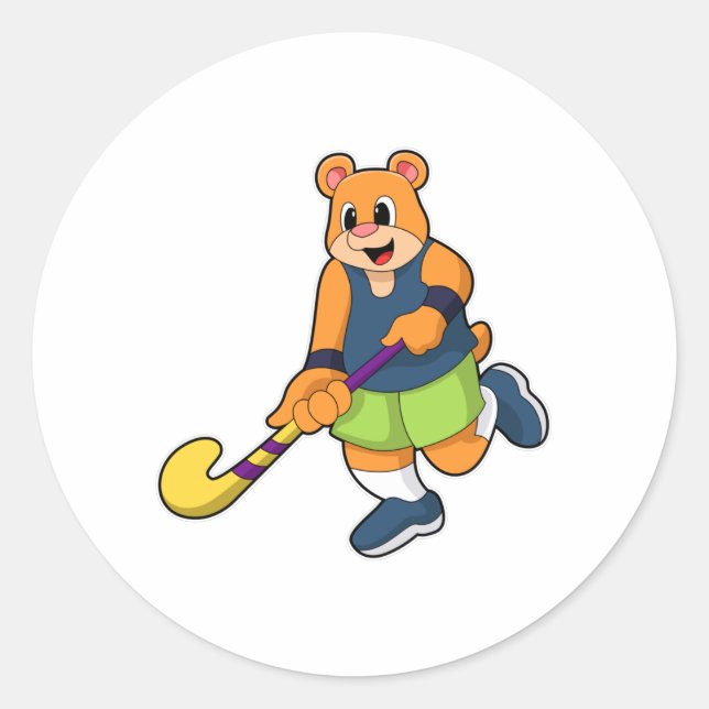 Bear at Hockey with Hockey bat Classic Round Sticker (Front)