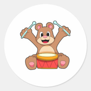 Bear at Music with Drum Classic Round Sticker