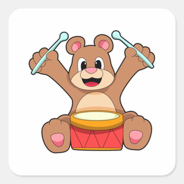 Bear at Music with Drum Square Sticker (Front)