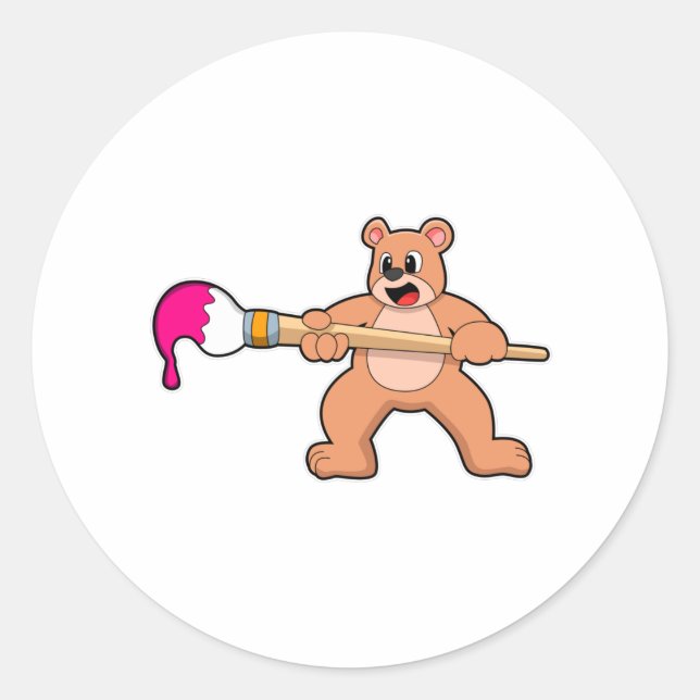 Bear at Painting with Brush & Paint Classic Round Sticker (Front)