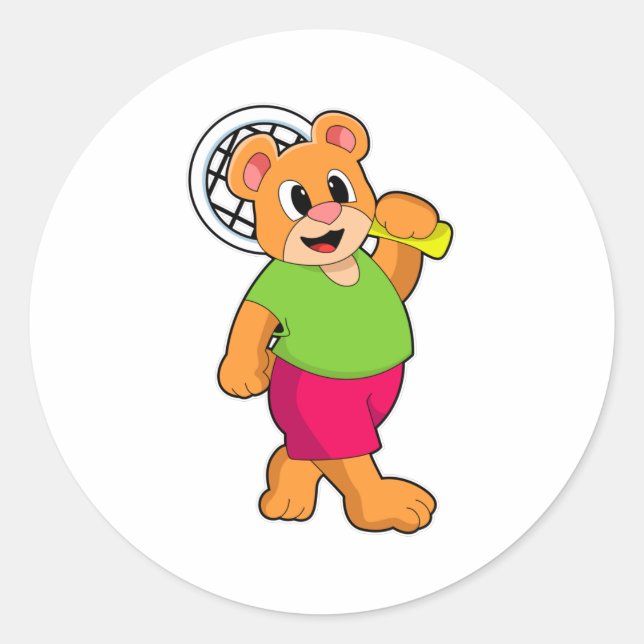Bear at Tennis with Tennis racket Classic Round Sticker (Front)