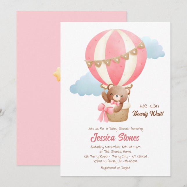Bear Baby Girl Shower Invitations Hot Air Balloons (Front/Back)