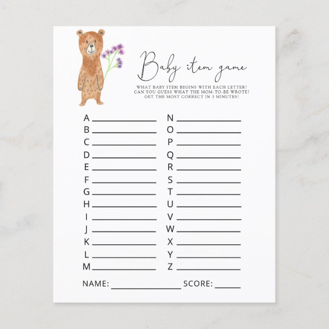 Bear Baby Item Game. Baby Shower Game (Front)