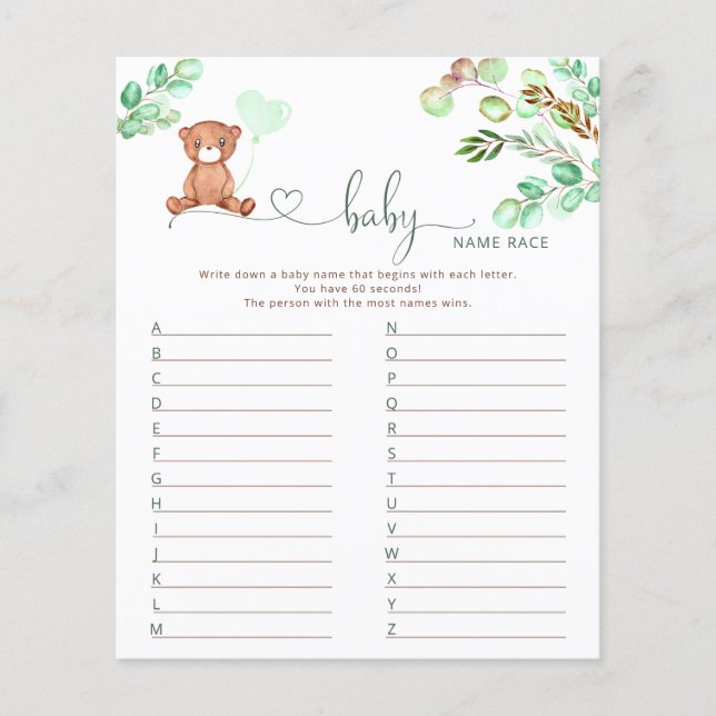 Bear baby name race baby shower game (Front)