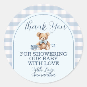Bear Baby Shoes Blue Gingham Baby Shower Thank You Classic Round Sticker