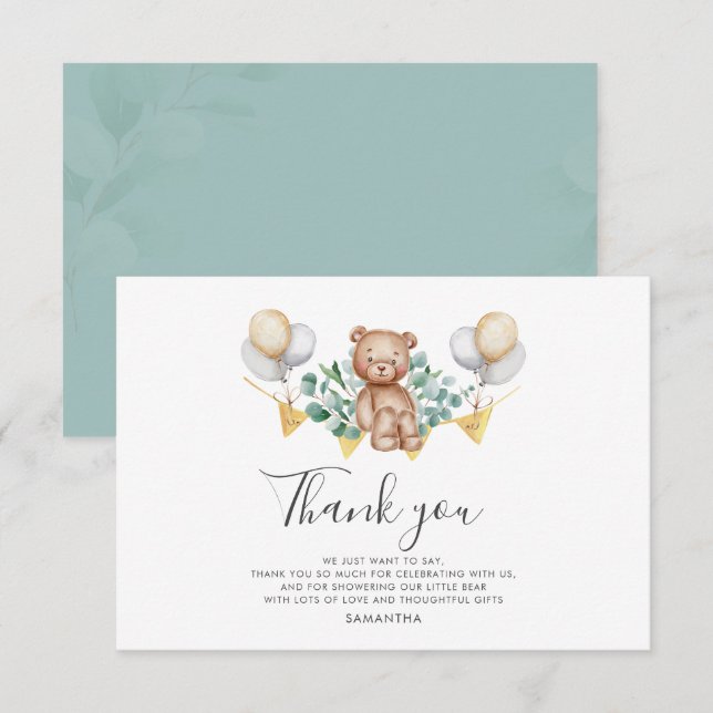 Bear Baby Shower Balloons Thank You Card (Front/Back)