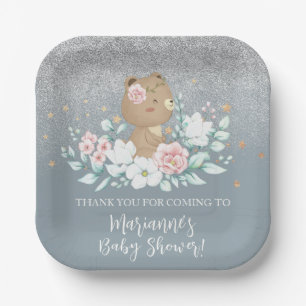 Bear Baby Shower Floral Glitter Muted Blue Paper Plate
