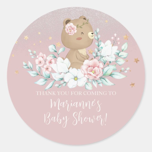  Bear Baby Shower Floral Glitter Muted Pink   Classic Round Sticker (Front)