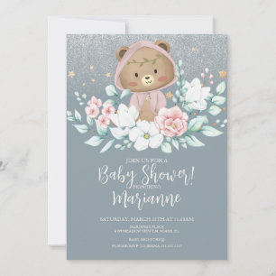  Bear Baby Shower Floral Glitter Pink Invitation