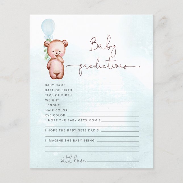 Bear Baby Shower Game Baby Predictions (Front)
