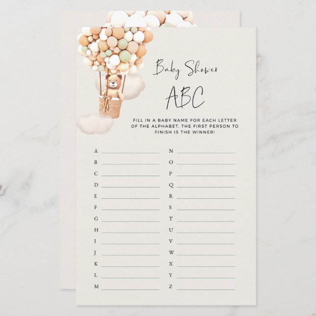 Bear Baby Shower Game - Baby Shower ABC (Front/Back)