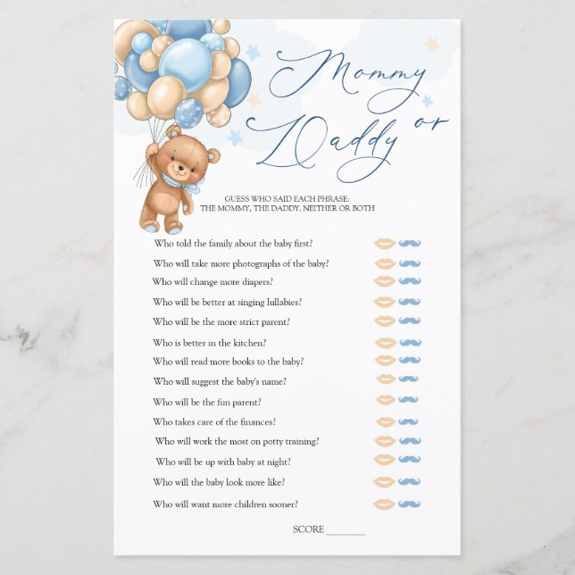 Bear Baby Shower Game Guess Who Mommy or Daddy (Front)