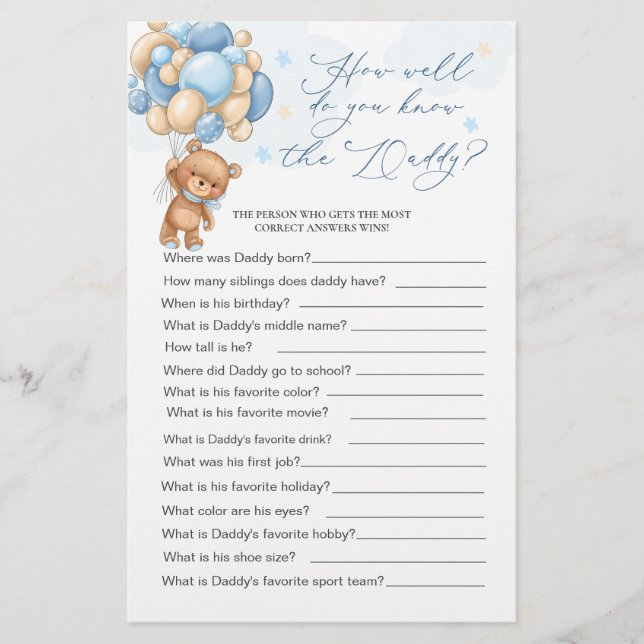 Bear Baby Shower Game How Well Do You Know Daddy (Front)