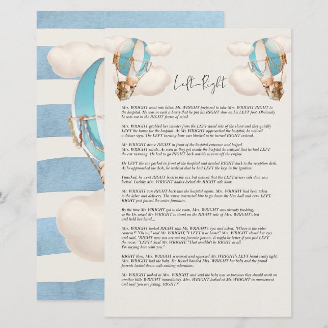 Bear Baby Shower Game - Left & Right (Front/Back)