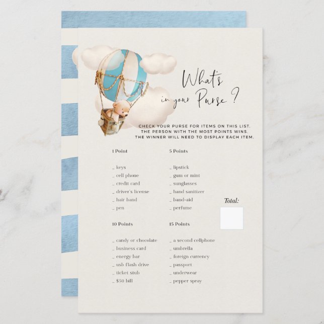 Bear Baby Shower Game - What's In Your Purse? (Front/Back)