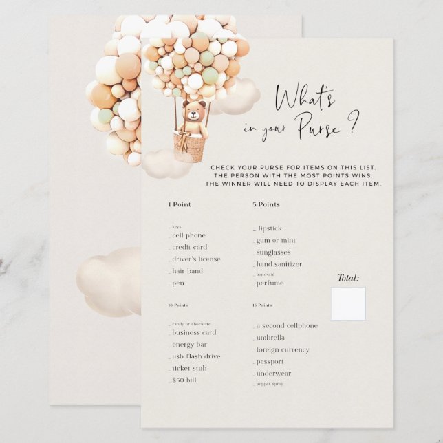 Bear Baby Shower Game - What's In Your Purse? (Front/Back)