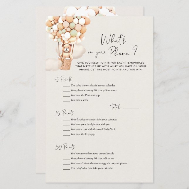 Bear Baby Shower Game - What's On Your Phone? (Front/Back)