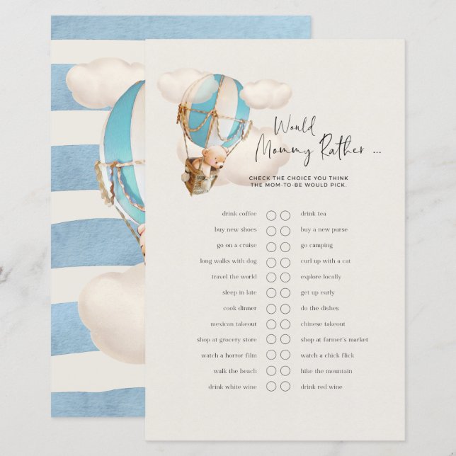 Bear Baby Shower Game - Would Mommy Rather? (Front/Back)