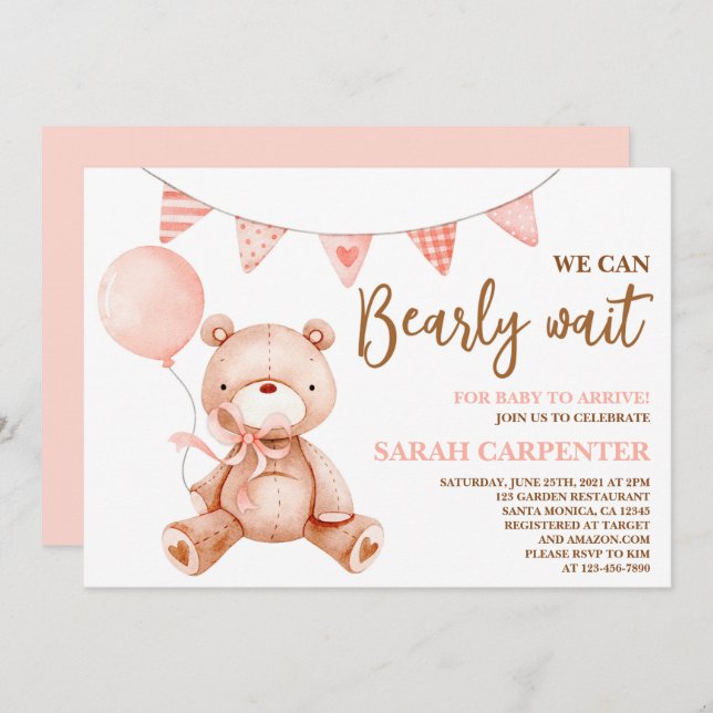 Bear Baby Shower Girl Invitation (Front/Back)