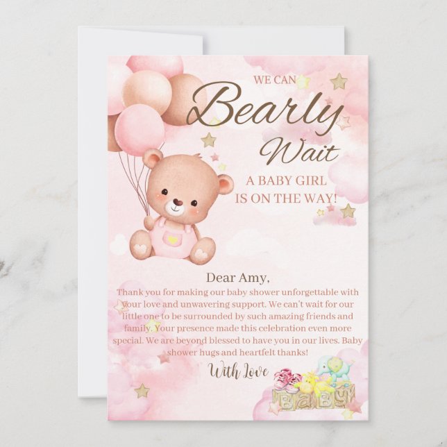 Bear Baby Shower Girl Thank You Card (Front)