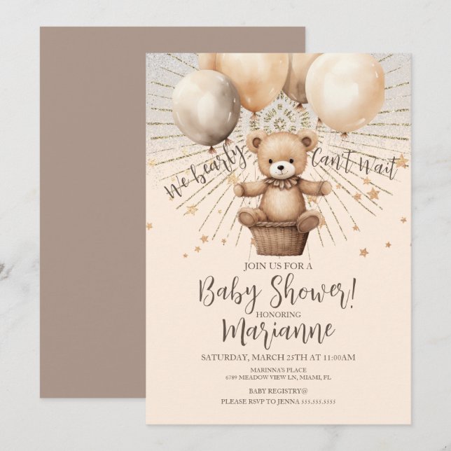  Bear Baby Shower Glitter Bohemian Rustic Invitation (Front/Back)