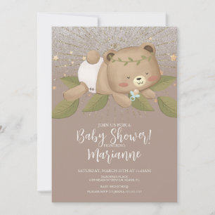  Bear Baby Shower Glitter Bohemian Stars Gold Invitation