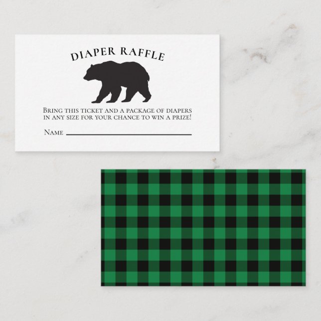 Bear Baby Shower Green Plaid Diaper Raffle Enclosure Card (Front/Back)
