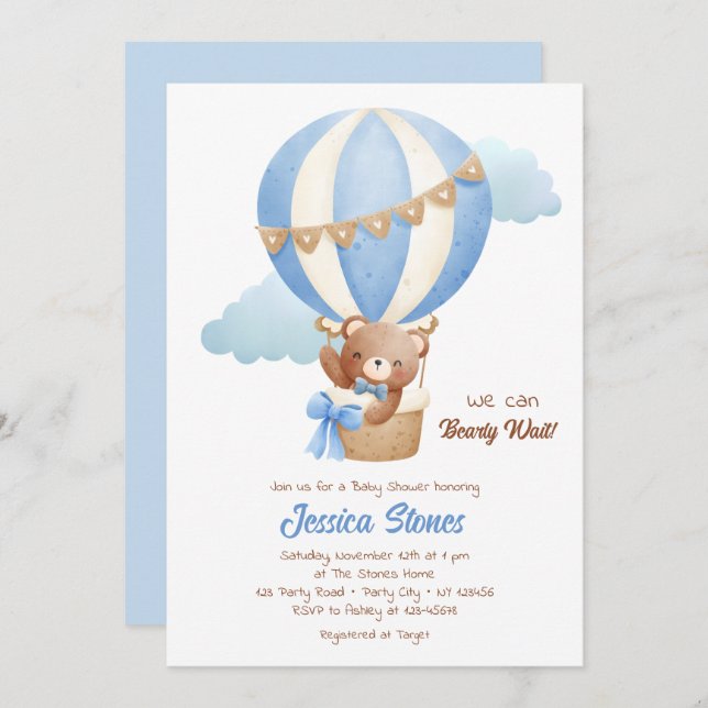 Bear Baby Shower Invitations Boy Hot Air Balloons (Front/Back)