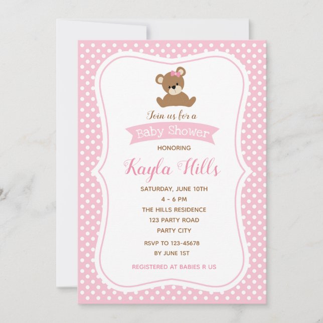 Bear Baby Shower Invitations (Girl) Pink Polka Dot (Front)