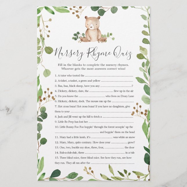 Bear Baby Shower Nursery Rhyme Quiz Game (Front)