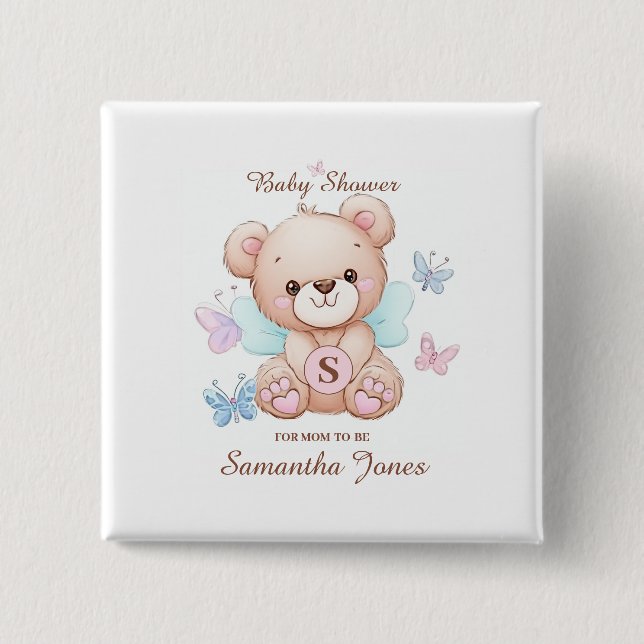 Bear Baby Shower Personalized 2 Inch Square Button (Front)