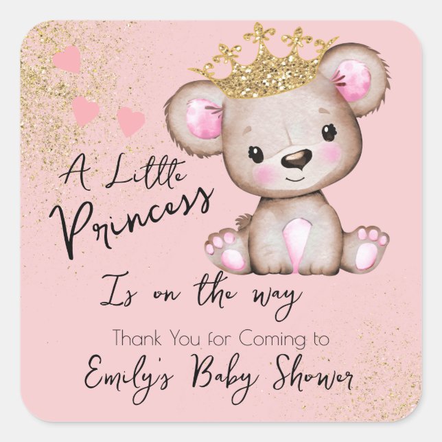 Bear Baby Shower Princess Sparkly Pink Square Sticker (Front)