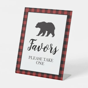 Bear Baby Shower red Plaid Favour Pedestal Sign