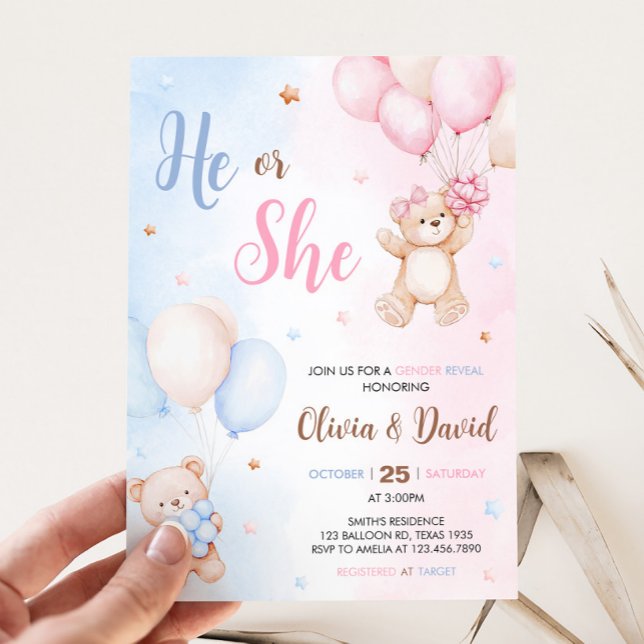 Bear Balloon Gender Reveal  Invitation (Bear Balloon He or She Gender Reveal Invitation)