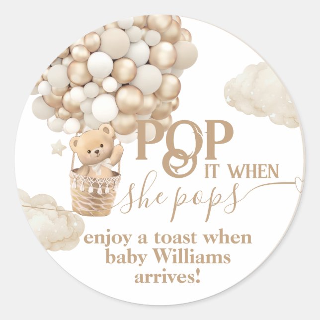 Bear Balloon neutral Baby Shower ready to pop Classic Round Sticker (Front)