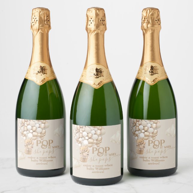 Bear Balloon neutral Baby Shower ready to pop Sparkling Wine Label (Bottles)