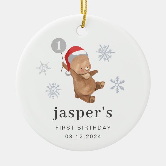 Bear Balloon Santa Hat Ceramic Ornament (Front)