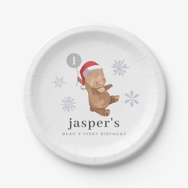 Bear Balloon Santa Hat Paper Plate (Front)
