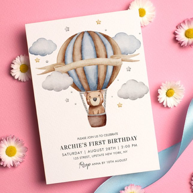 Bear Balloon Watercolor Boys 1st Birthday Cute Invitation (Bear Hot Air Balloon 1st Birthday Invitation Template Modern Cute Kids Invite)