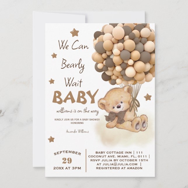 Bear balloons baby boy shower invitation (Front)
