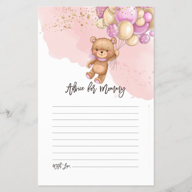 Bear Balloons Baby Shower Advice Card  (Front)